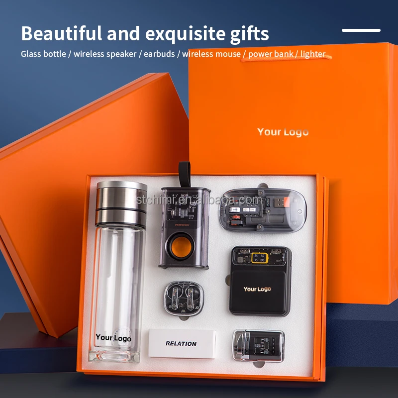 New Arrival Hot Sale Mecha Series Glass Flask Speaker Earbuds Mouse Power Bank Lighter Combination Advertisement Gift