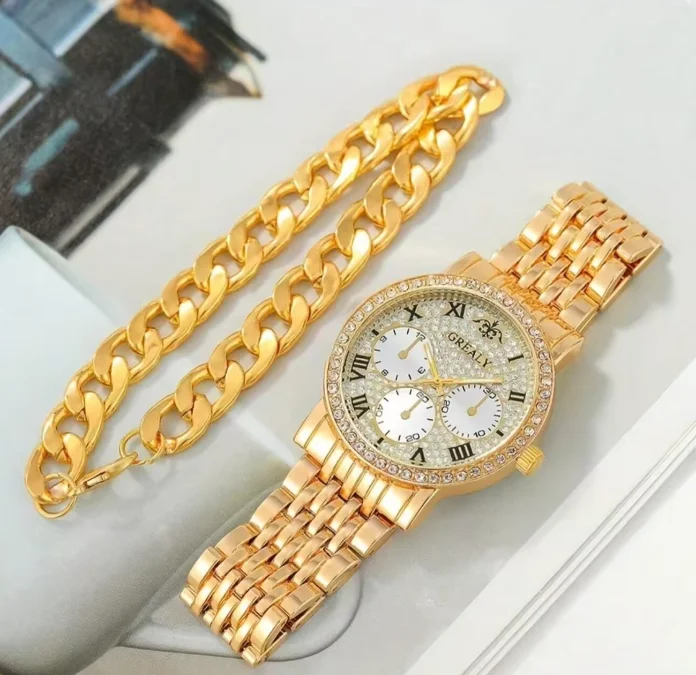 YuSa758 New Arrival  Gold Plated Zircon Wrist Watches And Bangles Jewelry Set For Girl Women Watch