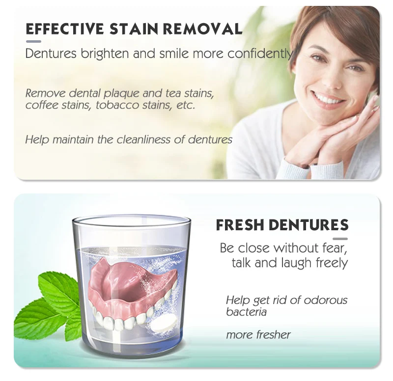 Private Label Eliminate 99.9% Oral Bacteria Effervescent Oral Care Strong Cleaning False Teeth Aligners Denture Cleaner Tablet