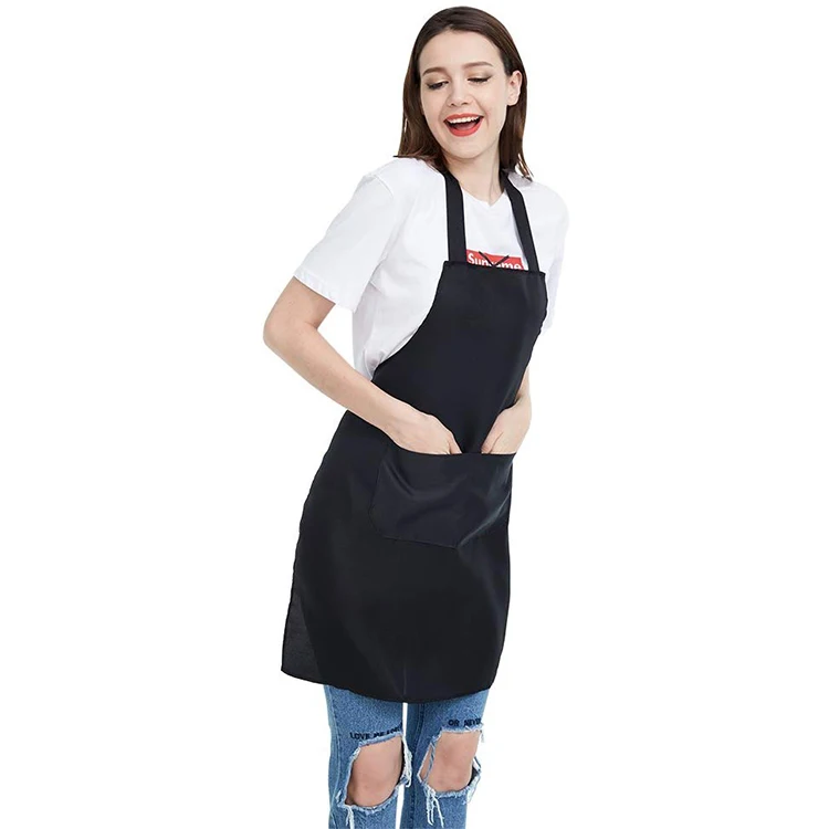 Adjustable Bib Apron Thicker Polyester Waterdrop Resistant with Pockets Black Cooking Kitchen Uniform Aprons for Women Men