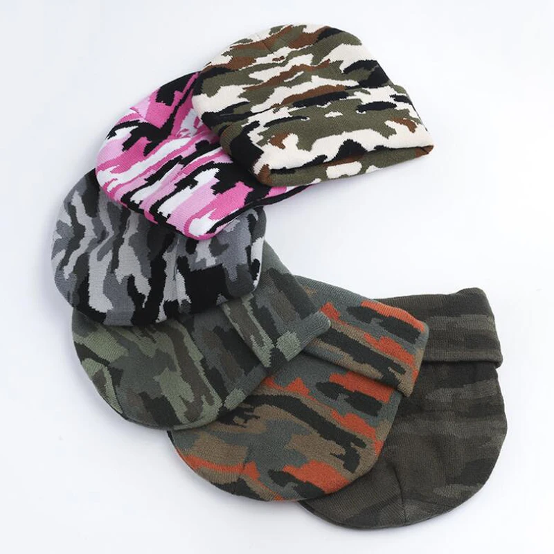 Custom Camo Jacquard Knitted Beanie Hat for Winter Printed Skull Pattern Designer Logo Autumn & Beach Appropriate