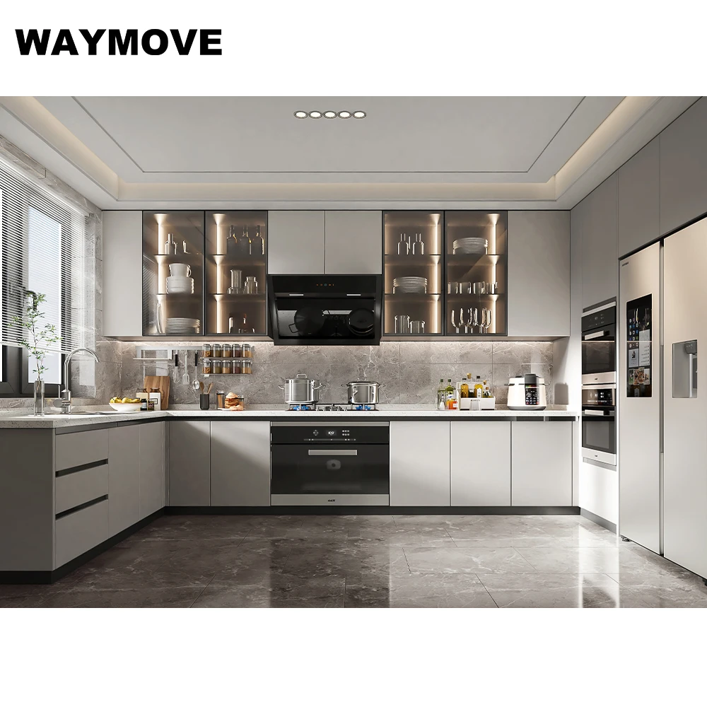 Современные серые кухонные шкафы WAYMOVE готовые к сборке голубя серого с лаковой дверной панелью и петлей включая раковину