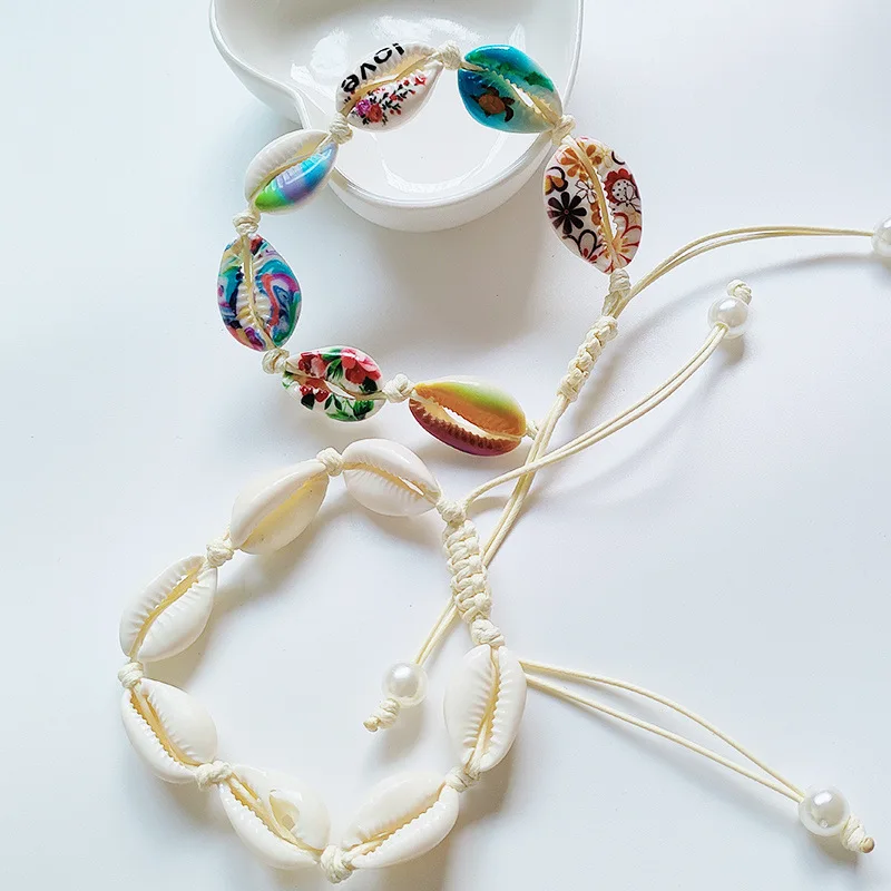 Bohemian Painted shell bracelet Summer Beach Ocean wax thread woven shell accessory bracelet Anklets for women