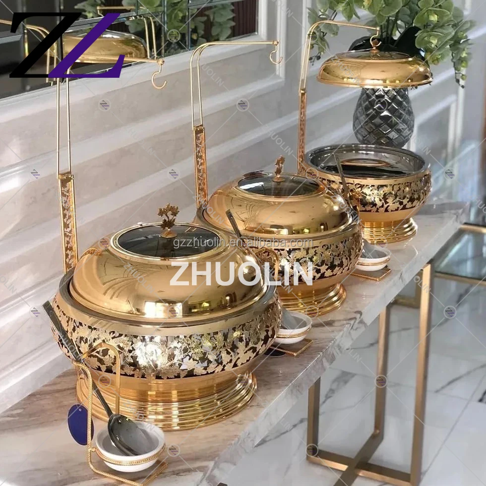 Dubai butterfly flower decorative round golden 8ltr buffet catering display gold chafing dish food warmer sets with glass lid