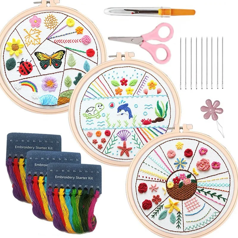 3 Sets Embroidery Stitches Practice Kit Hand Embroidery Kit for Adults Kids Beginners