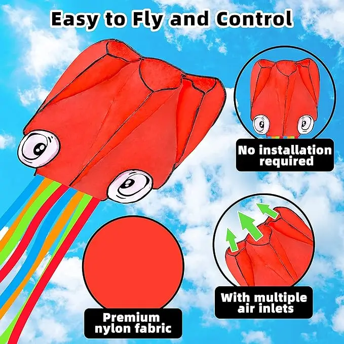 Large Octopus Kite 3D Kite with Long Tail for Outdoor Colorful Beach Flying Kites for Kids Easy to Fly