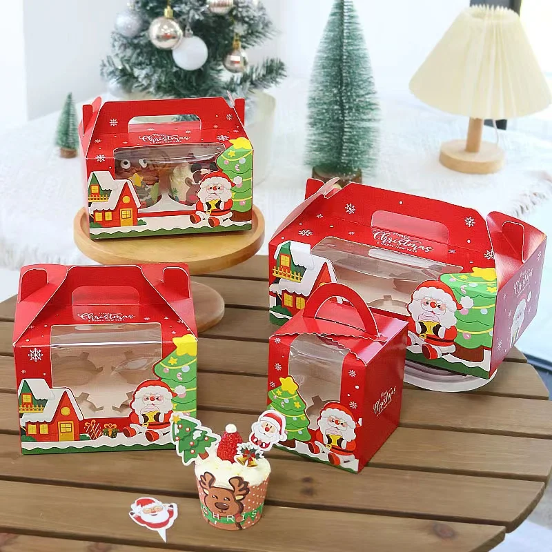 Wholesale Thick Packaging Paper Boxes 1 2 4 6 Pieces Christmas Paper House Gift Box Christmas Cupcake Packaging Box With Window