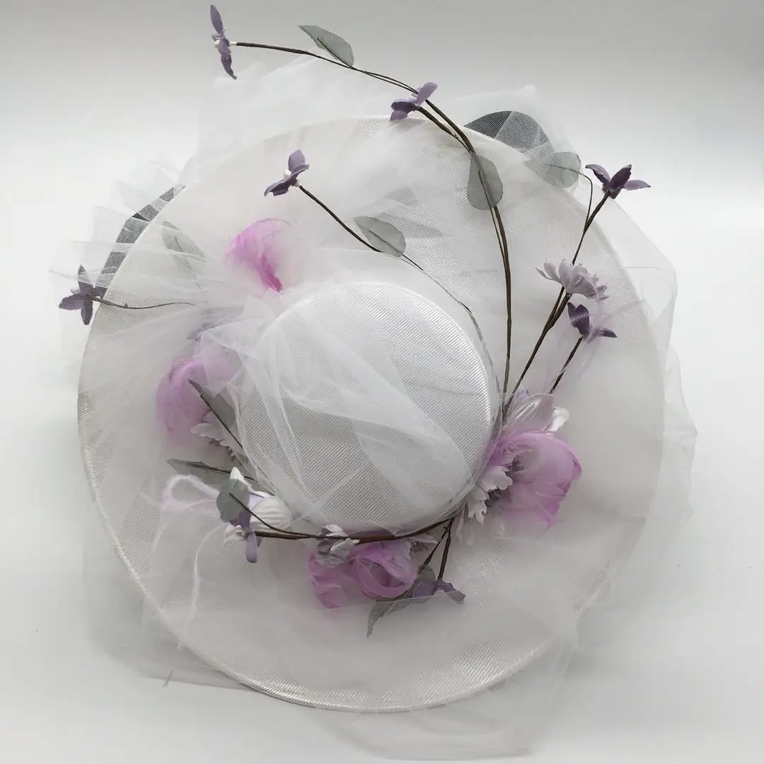 Bridal Hat Wedding Dress European Style Gauze Hat Versatile Accessories Feather Purple Flower Tea party Dinner Top Hat