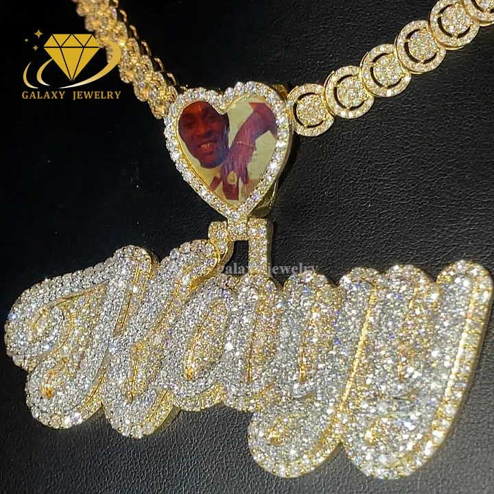 Custom Pendants Factory Handcraft 925 Solid Silver Charm Chain Picture Clasp Moissanite Letter Pendant Necklace Initial Men Gift