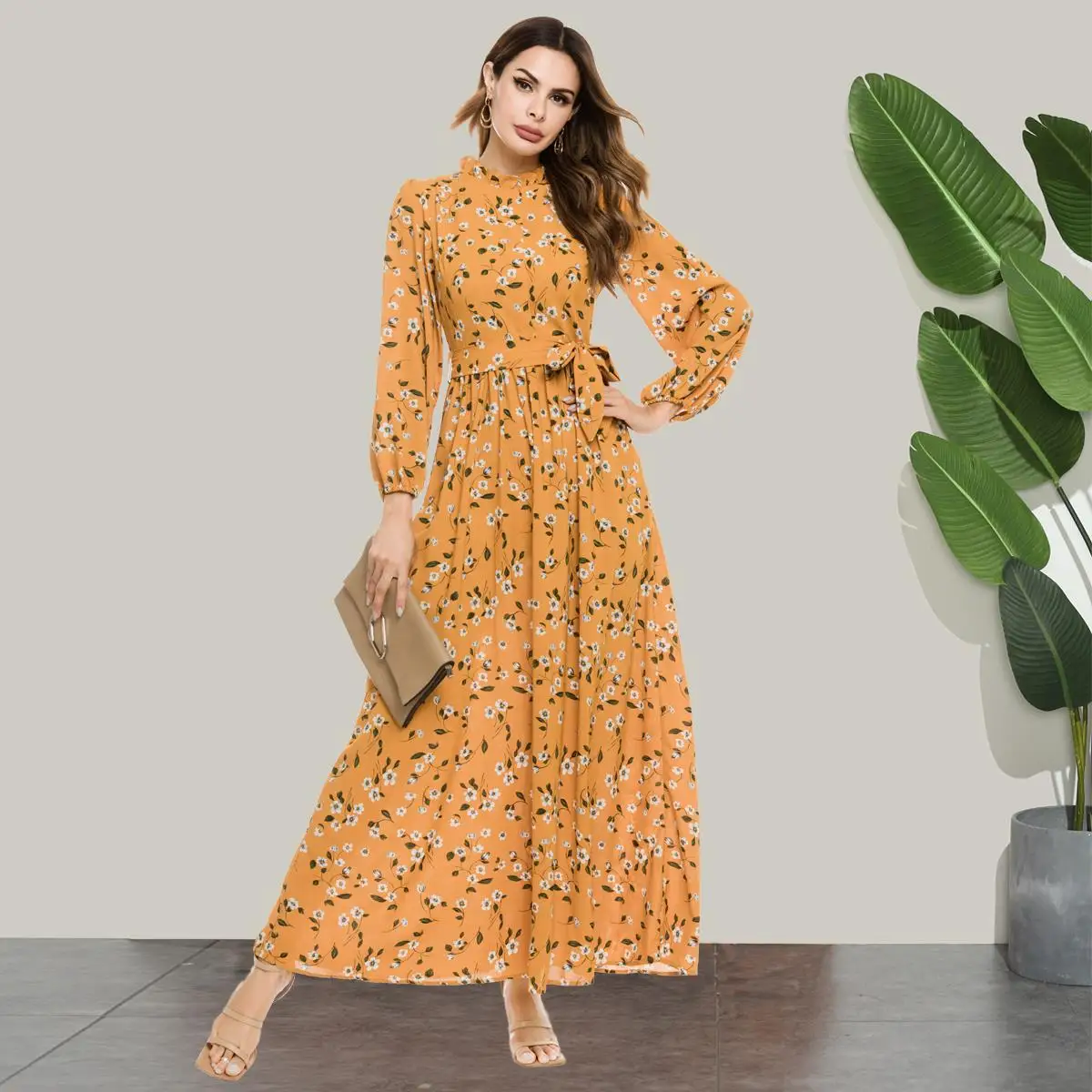 2021 Arabic Latest Design High Neck Long Sleeve Maxi Dress Dubai Fancy Printing Yellow Flower Abaya