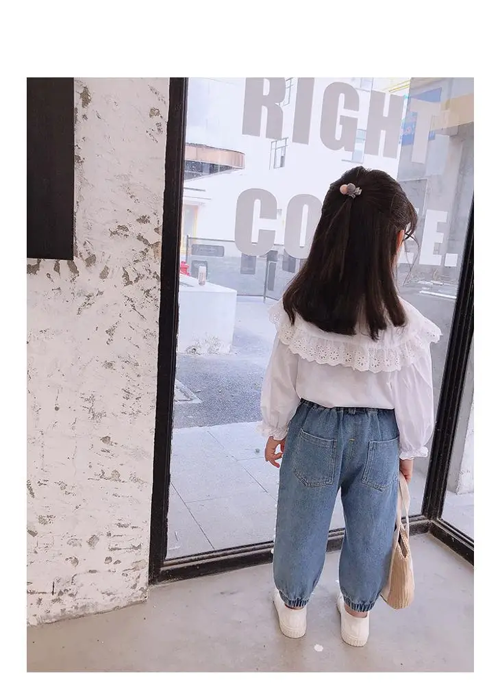 
2020 autumn Korean kids children beaded light-colored beam casual trousers pearl Girls long jeans 