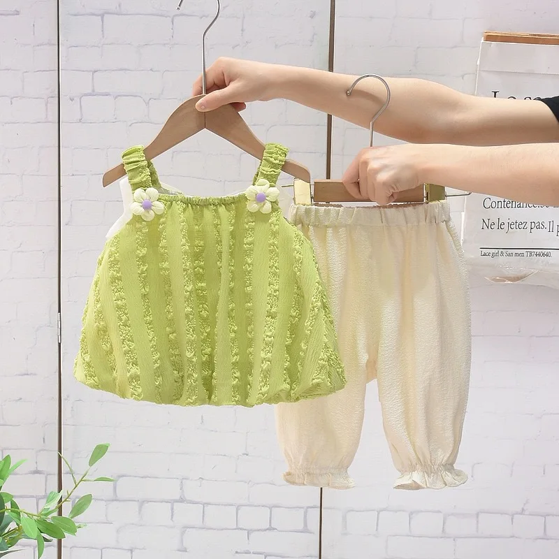 Toddler Baby Girl Summer Casual Bow Sweet Vest + Long Pant Children Two Piece Clothing Sets Boutique