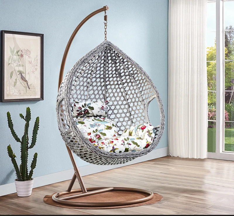 Wholesale Outdoor Furniture Living Room Rattan Egg Basket Swing Patio Chair Balcony Garden Hanging Chair With Stand and cushion