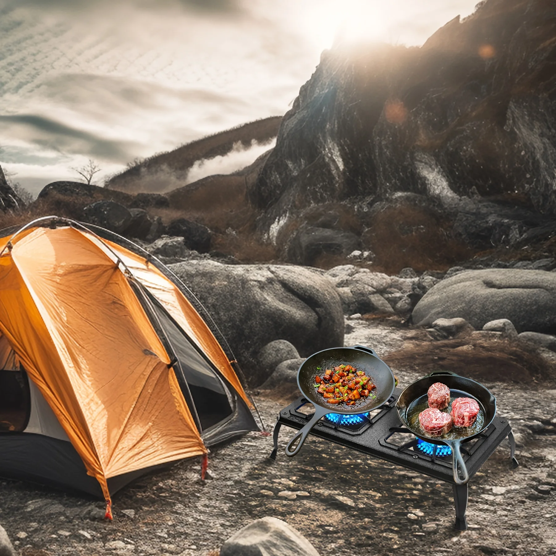 Portable Double Burner Cast Iron Camping Stove  Listed Regulator Gas Hose Outdoor BBQ Camping Cooking 2 Burner stove