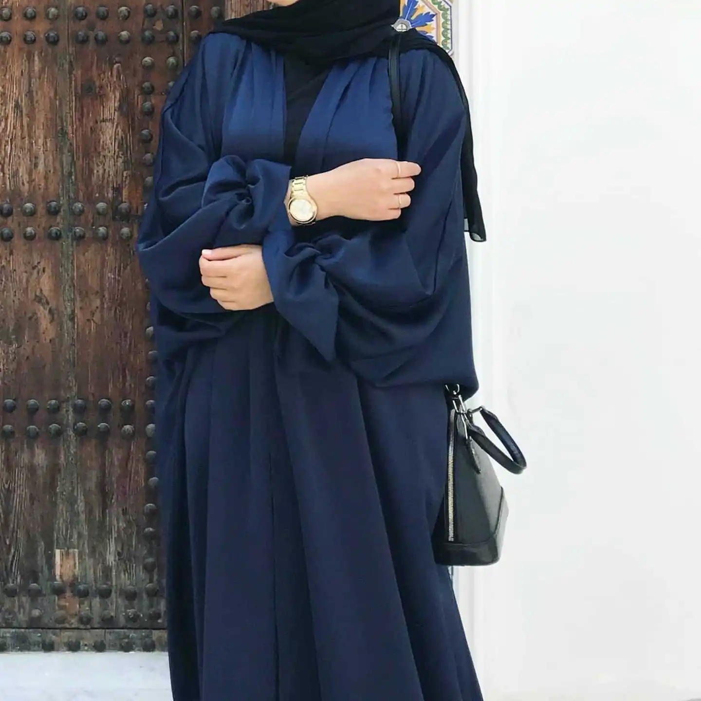 Fashion Puff Sleeve Islamic Cardigan Robe Abaya Muslim Elegant Satin Solid Color kimono Abaya Dubai