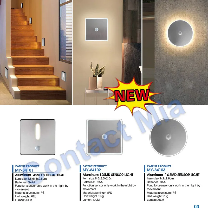 Aluminum cover motion sensor light wireless LED ROUND AA battery operated indoor kids Step Light Under Cabinet Nightlight