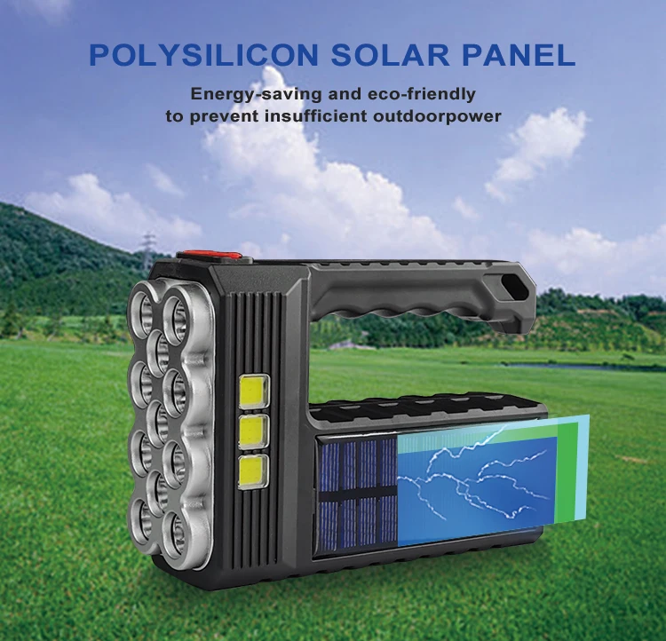 Solar/Rechargeable Multi Function 800 Lumens LED Flashlight with Emergency Strobe Light 1200 Mah Battery USB Charging Cable