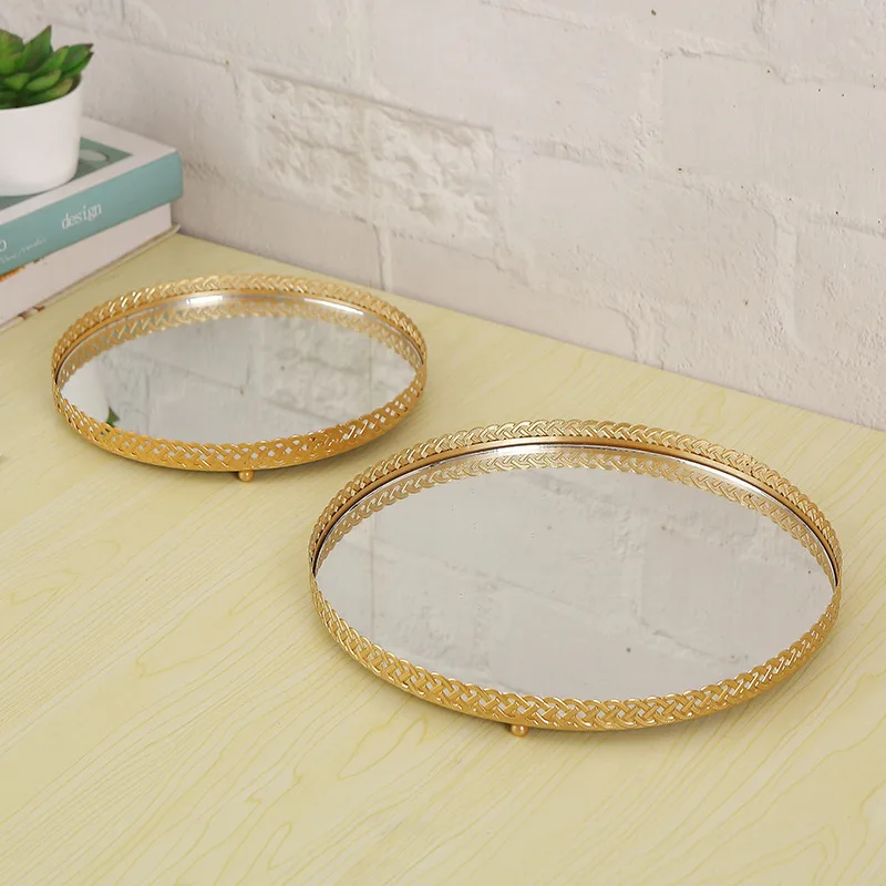 ins Metal iron dressing table Skin care cosmetics lipstick jewelry display storage tray mirror decoration tray