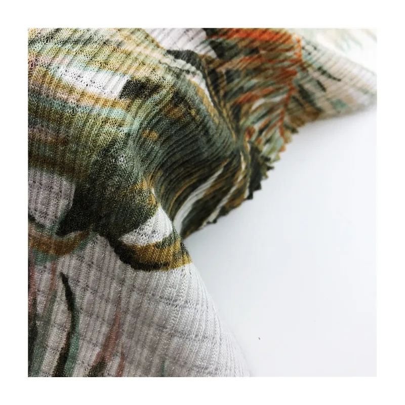 Hot sale Sublimation Palm leaf design knitted fabric 185gsm TR stretch printed baby rib fabric for garment