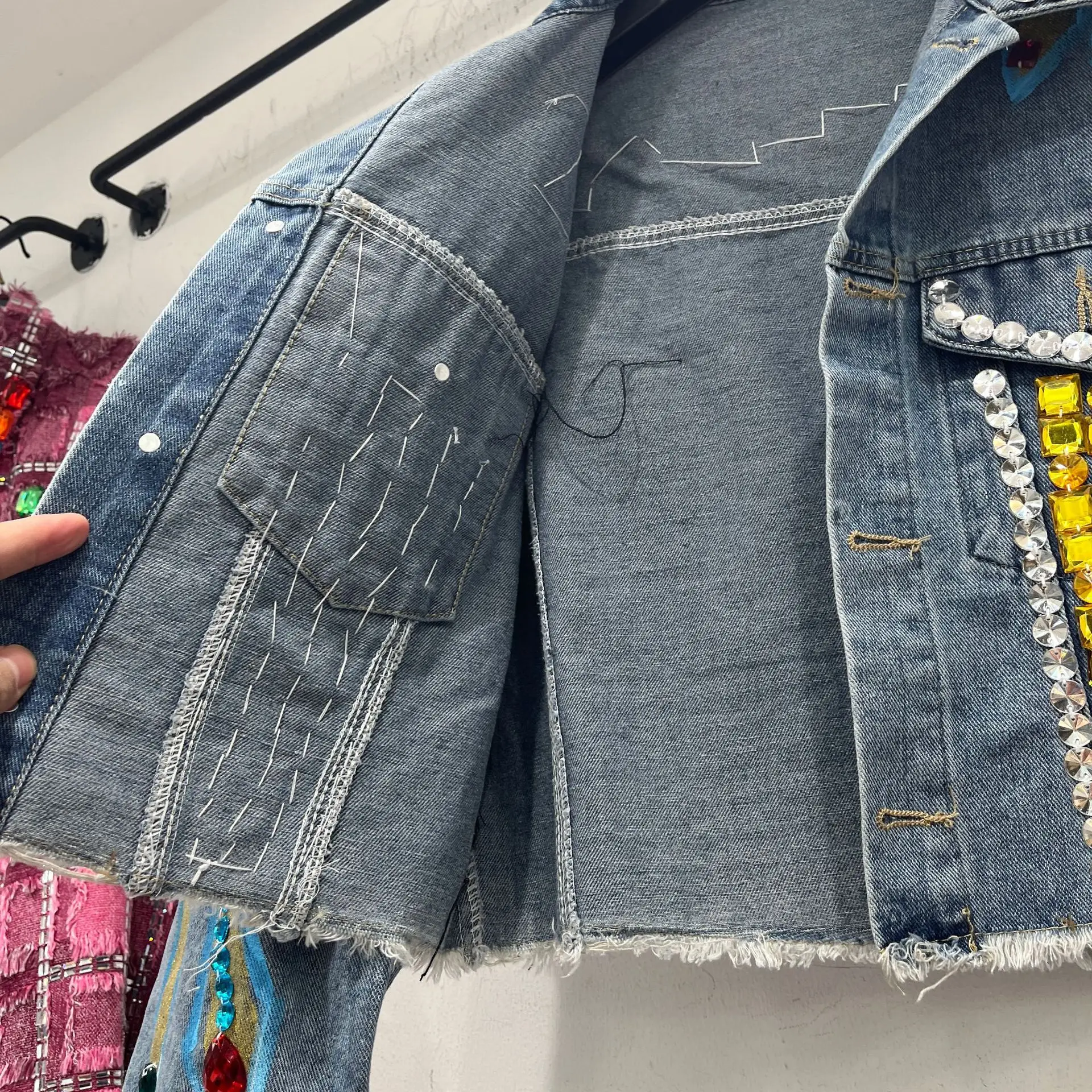 Spring style women denim jacket short pattern fashion jackets with crystals pearl beading denim coat