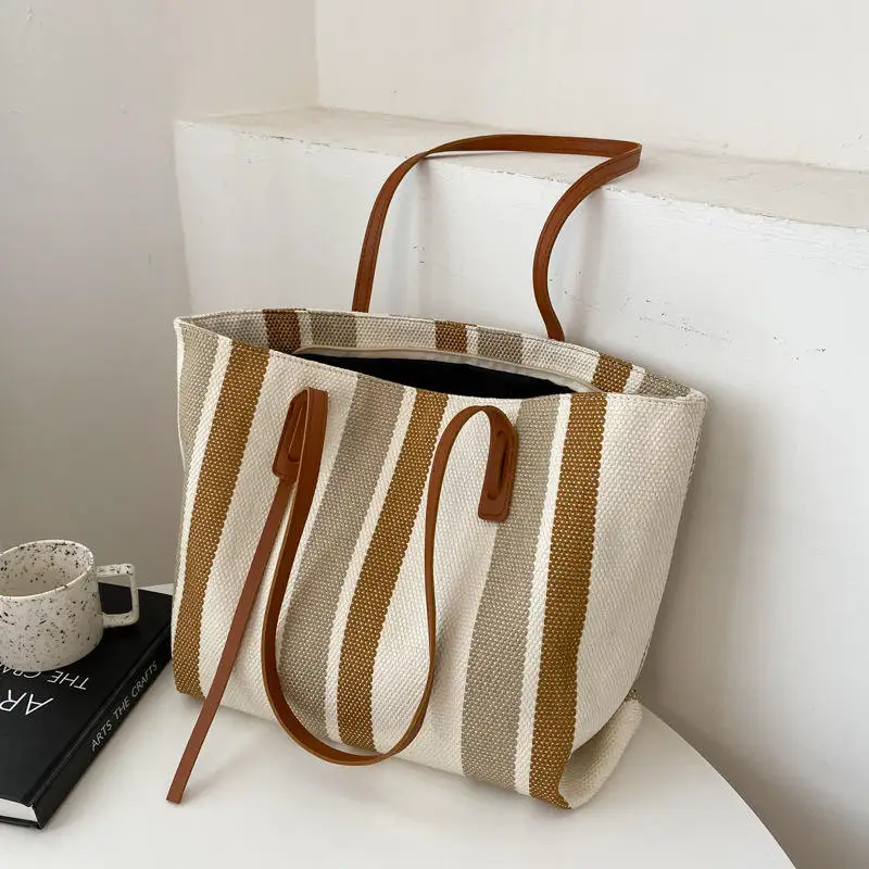 Wholesale Good Quality Design Printed Striped Cotton Canvas Women Custom Shopping Tote Bags Girls Shoulder Bag For Daily