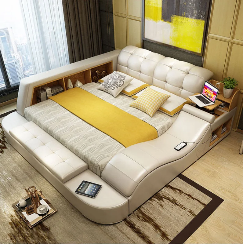 Modern Leather Bed With Strong Tatami Multi-functional Smart Bed Bedroom Furniture