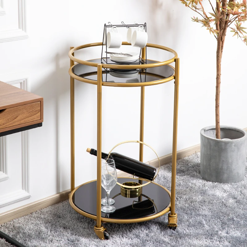 Hot Sale Luxury Gold Mobile Bar Cart Metal Round 2 Tier Glass Bar Trolley  Cart