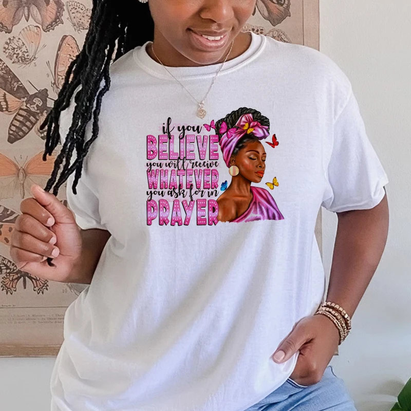 Wholesale Ready to Press Afro Woman Puff Heat Vinyl Transfer Iron on Bun Faith Religion Prayer Christian DTF Transfers