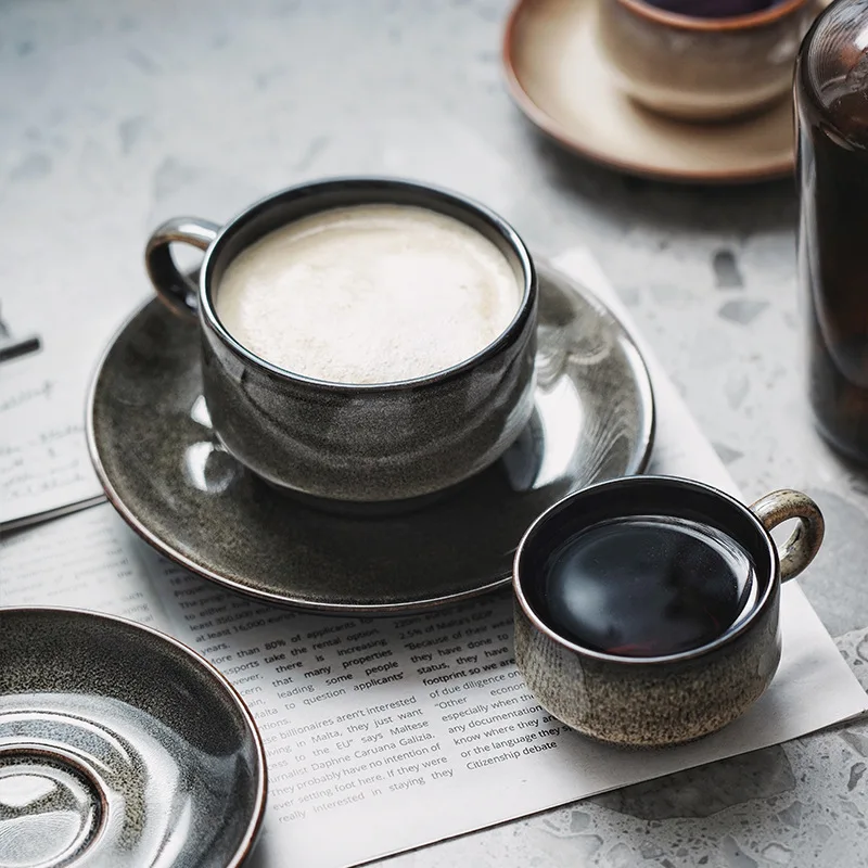 High-End 100ml/200ml Retro Ceramic Mug Saucer Set American Style Vintage Porcelain Cup Tray for Hotel Parties Home Office Use