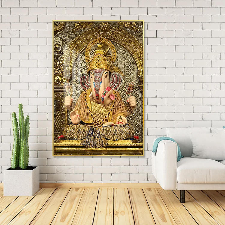 Religious Golden Elephant Decorative Paintings Crystal Porcelain Buddha Picture Lord Ganesha Wall Art For Home Decoration
