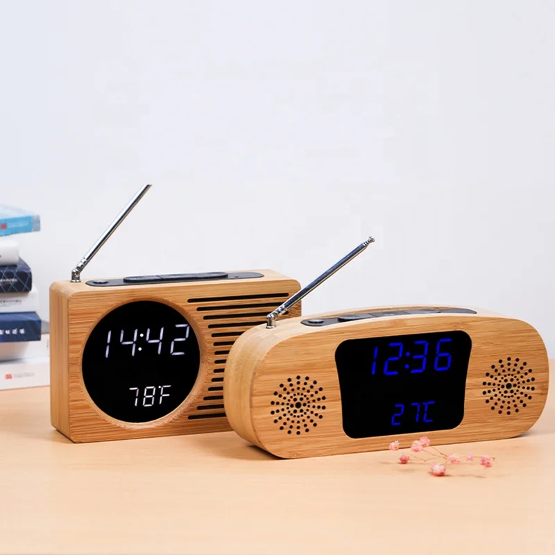 KH-WC013 Natural Bamboo LED Desk Table Retro Digital FM Alarm Clock Radio for Promotion Gift