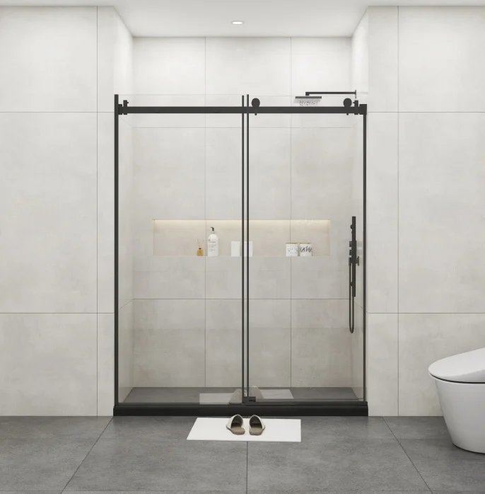 United States Warehouse dropshipping  black framed shower door with clear glass and handles