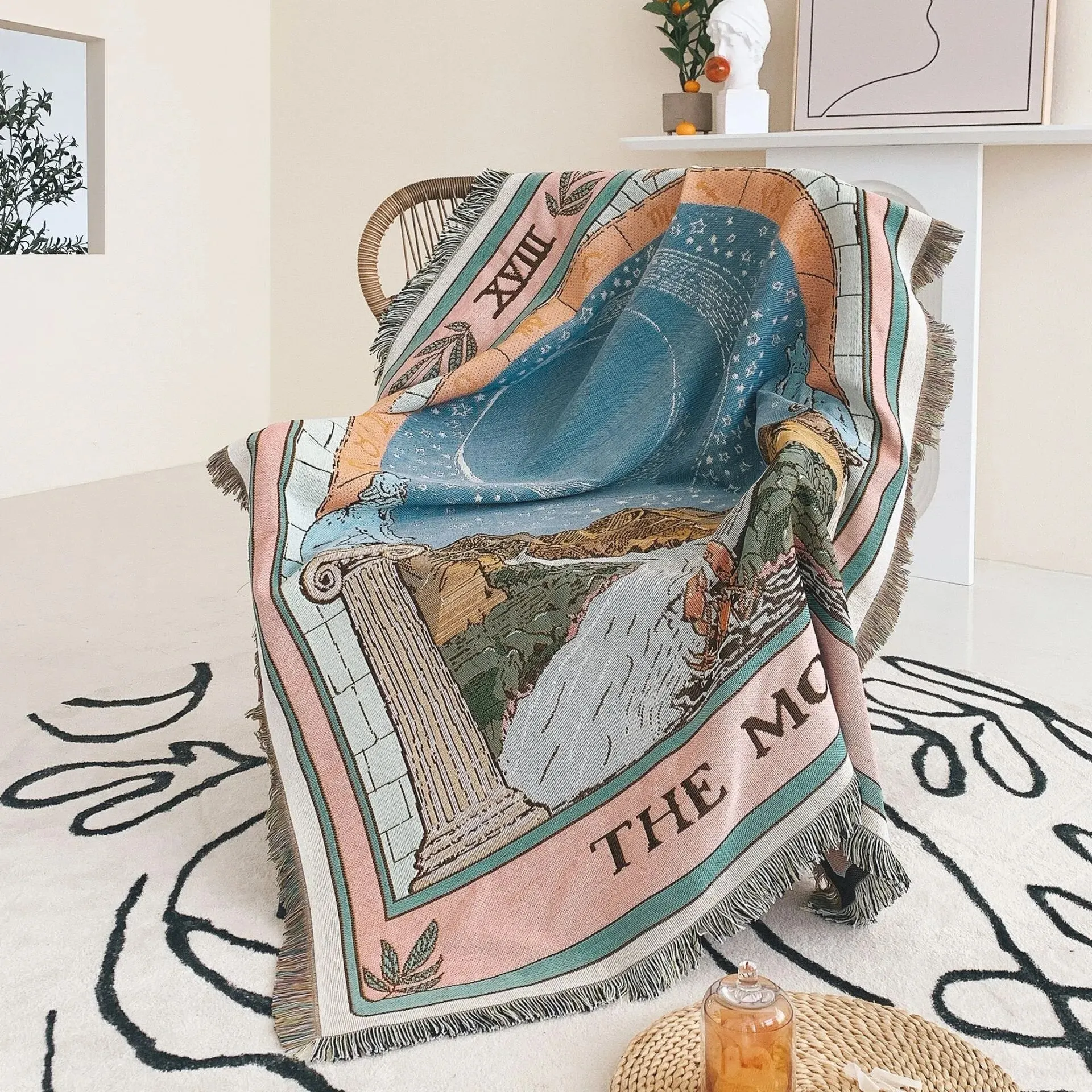 Outdoor Camping Cotton Bohemian Decorate Jacquard Beach Knitted Sofa Cover with Tassels Blanket