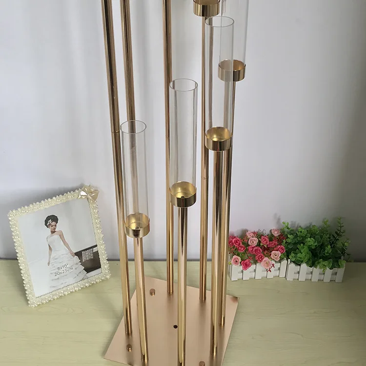 hintcan 8 head 136cm tall shiny gold metal glass /arcylic tube candle holders wedding floor candelabra centerpiece decoration
