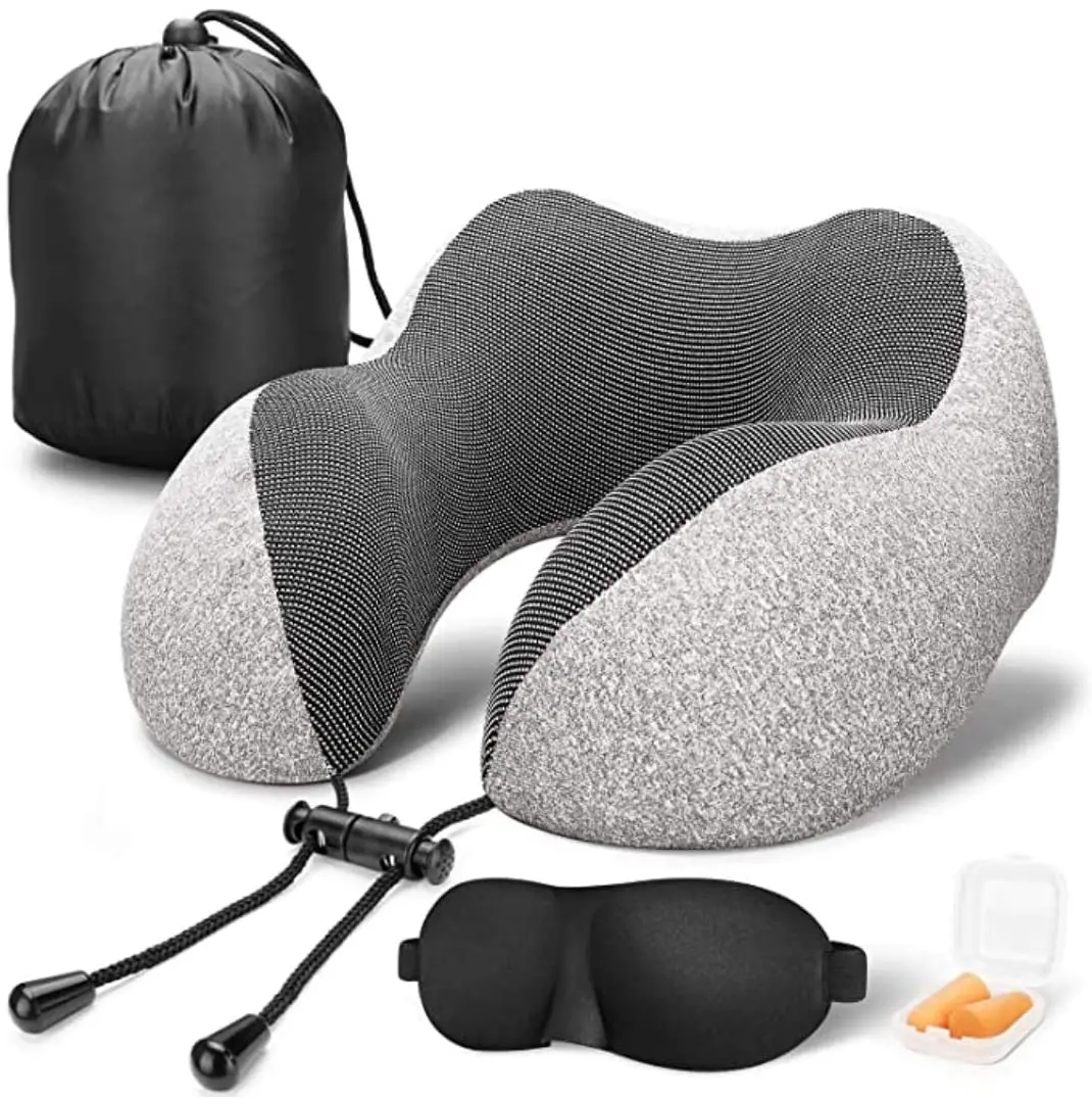 100% Cotton Memory Foam Travel Pillow Custom Logo Free Eye Mask Earplugs U-Shaped Pillow for Airplane Car Travel Neck Pillow