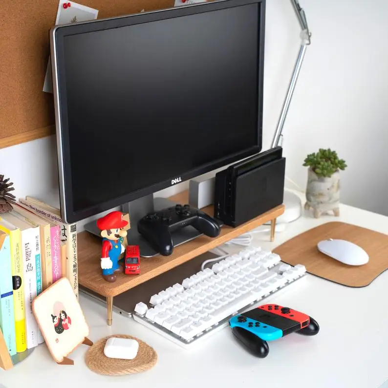 Walnut Wood Monitor Stand Computer Riser Solid Wood Desk Shelf for iMac and Computer Monitors with USB Ports