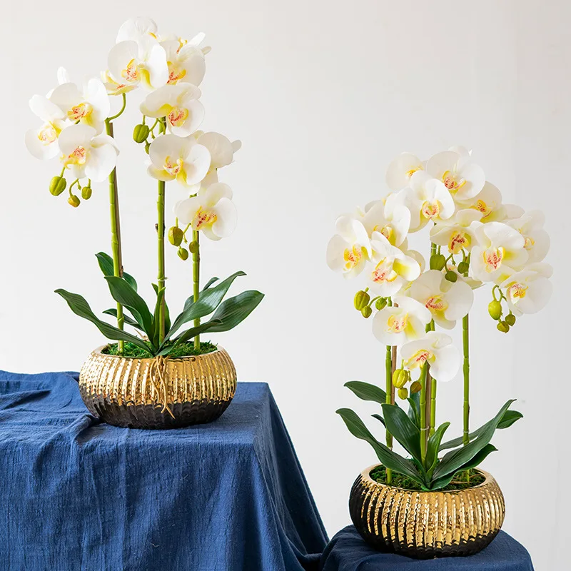 Home Decor Phalaenopsis Artificial Flower Orchid Fake Flower Plant in Gold Pot