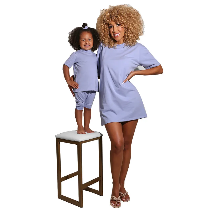 Mommy and Me Fall Outfits Middle Sleeve Length T-shirt Dress Women One Piece Shirt Baby Two