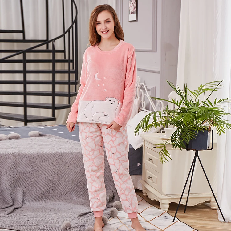 Hot Sale Warm Flannel Velvet Sleepwear Winter Women Thick Pajamas Set