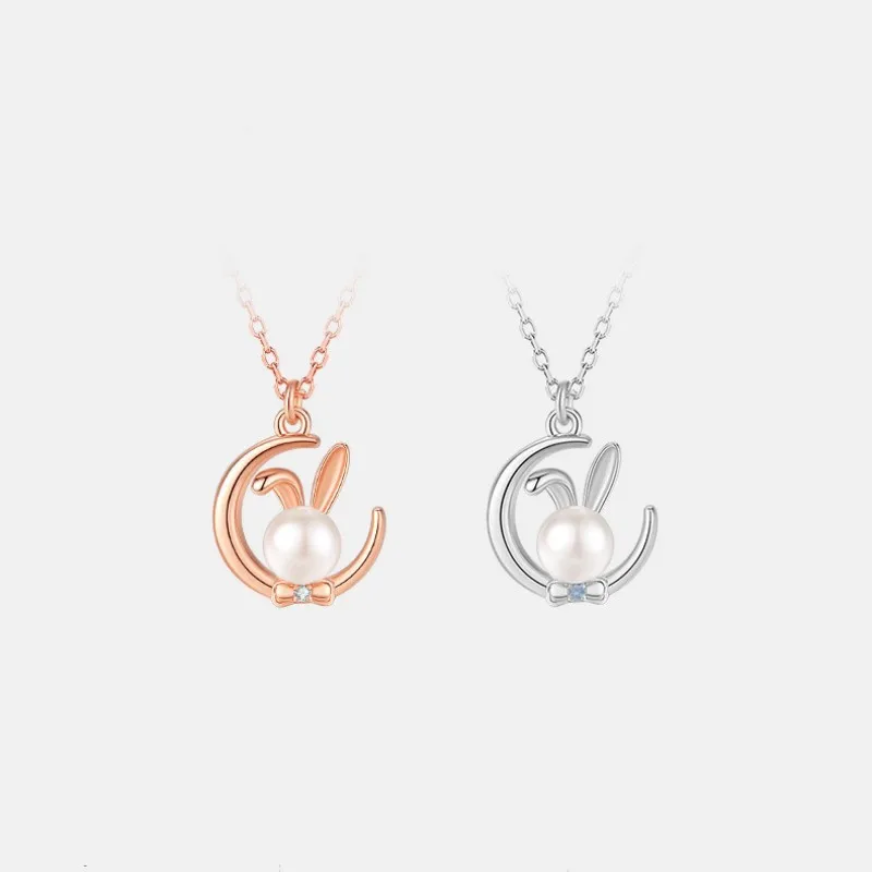 Luxury Freshwater Pearl 925 Sterling Silver Moon Rabbit Pendant Necklace Women Gift
