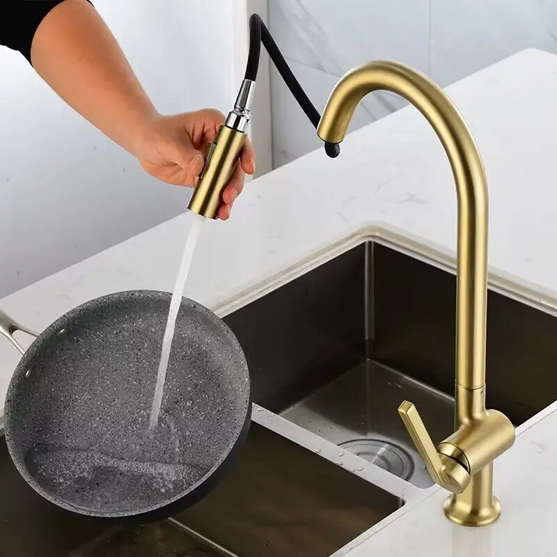 Brushed Gold Kitchen Faucet with Pull Down Sprayer High Arc Brassl Material One Hole Kitchen Mixer