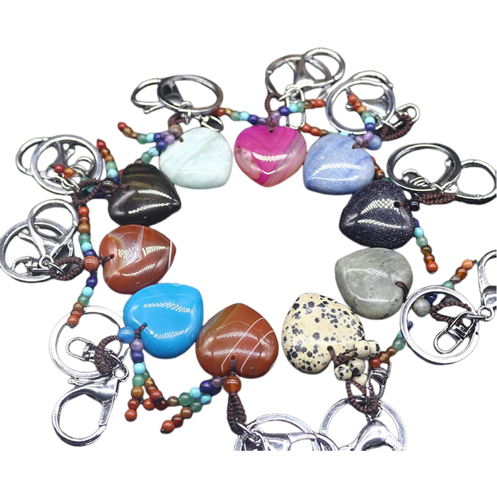 Natural Gemstone Crystal Peach Heart Pentagram Moon Shaped Keychain With Colorful Beads Rose Quartz Bag Accessories Gifts
