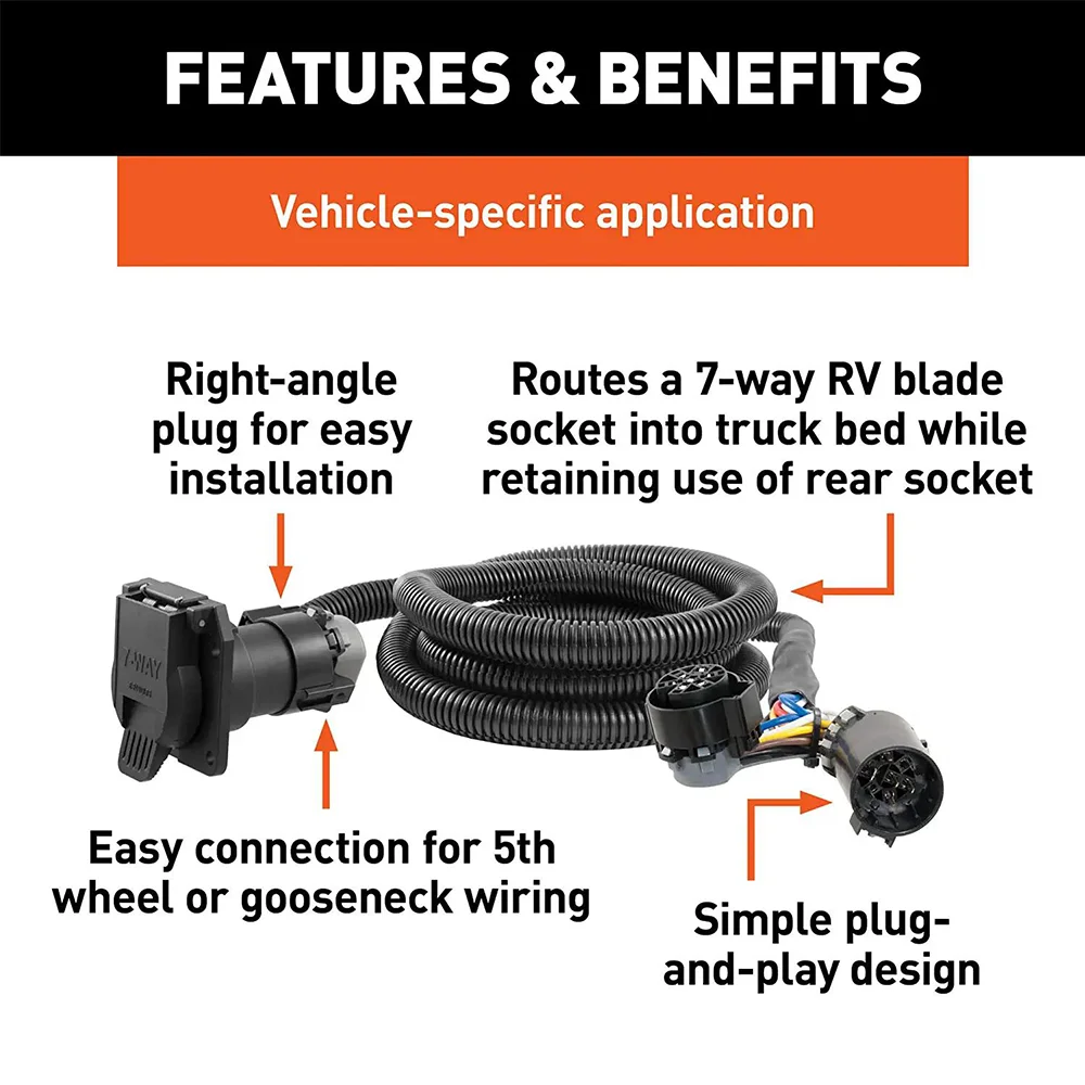 CURT 56070 7-Foot Vehicle-Side Truck Bed 7-Pin Trailer Wiring Harness Extension, Select Chevrolet, Dodge, Ford, GMC, Nissan, Ram