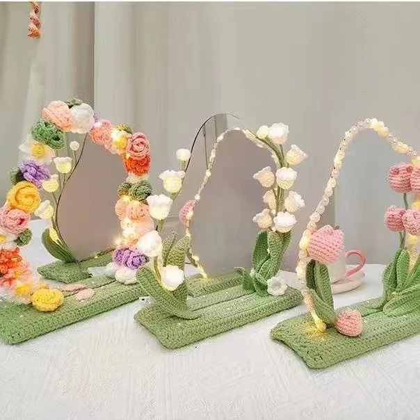 DIY hand-woven tulip floret bouquet makeup mirror wool crochet decorative mirror