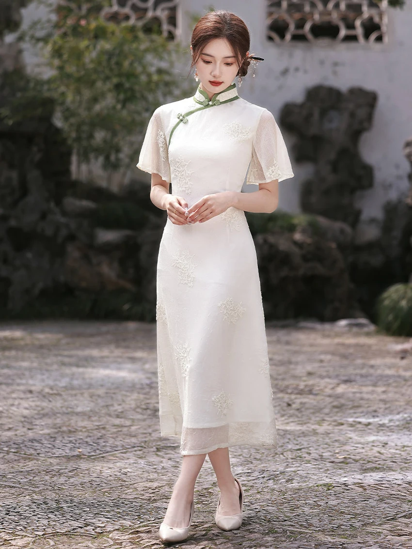 Factory white qipao dress chinese traditional style woman ladies girl student summer dress cheongsam 2025 sexy dresses for women