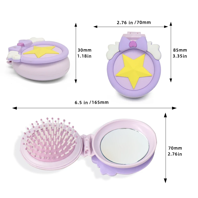 Compact 2-in-1 Mirror Comb Scalp Massage Detangling Comb Cute Design Foldable Hair Brush Plastic Portable Pocket Travel Home Use