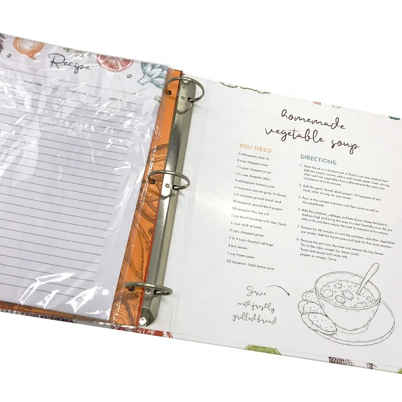 Custom Design 3 Ring Full Page Recipe Book Binder  Page Protectors And 6 Dividers For Family Recipe Organizer