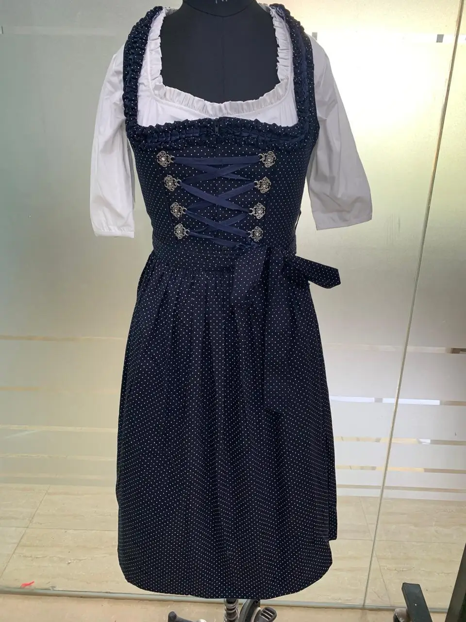 Elegant Navy Blue Dirndl Dress Polka Dot Dress with Lace-Up Classic Apron Design dress