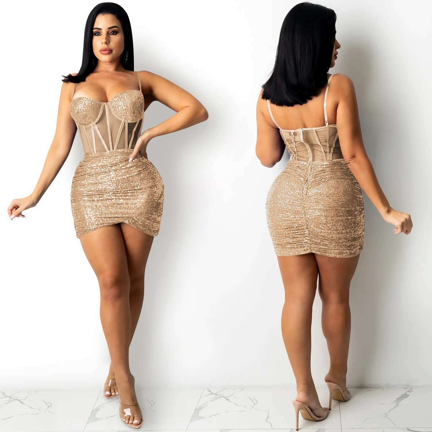 Plus size women spaghetti strap mini tight dress 2022 summer sequined sexy girl pretty see through party dress