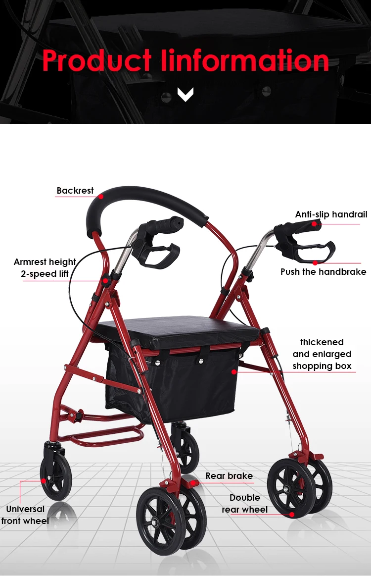 Mobility Aids Lightweight Four Wheel Folding Steel Rollator Walker with Seat For Disabled